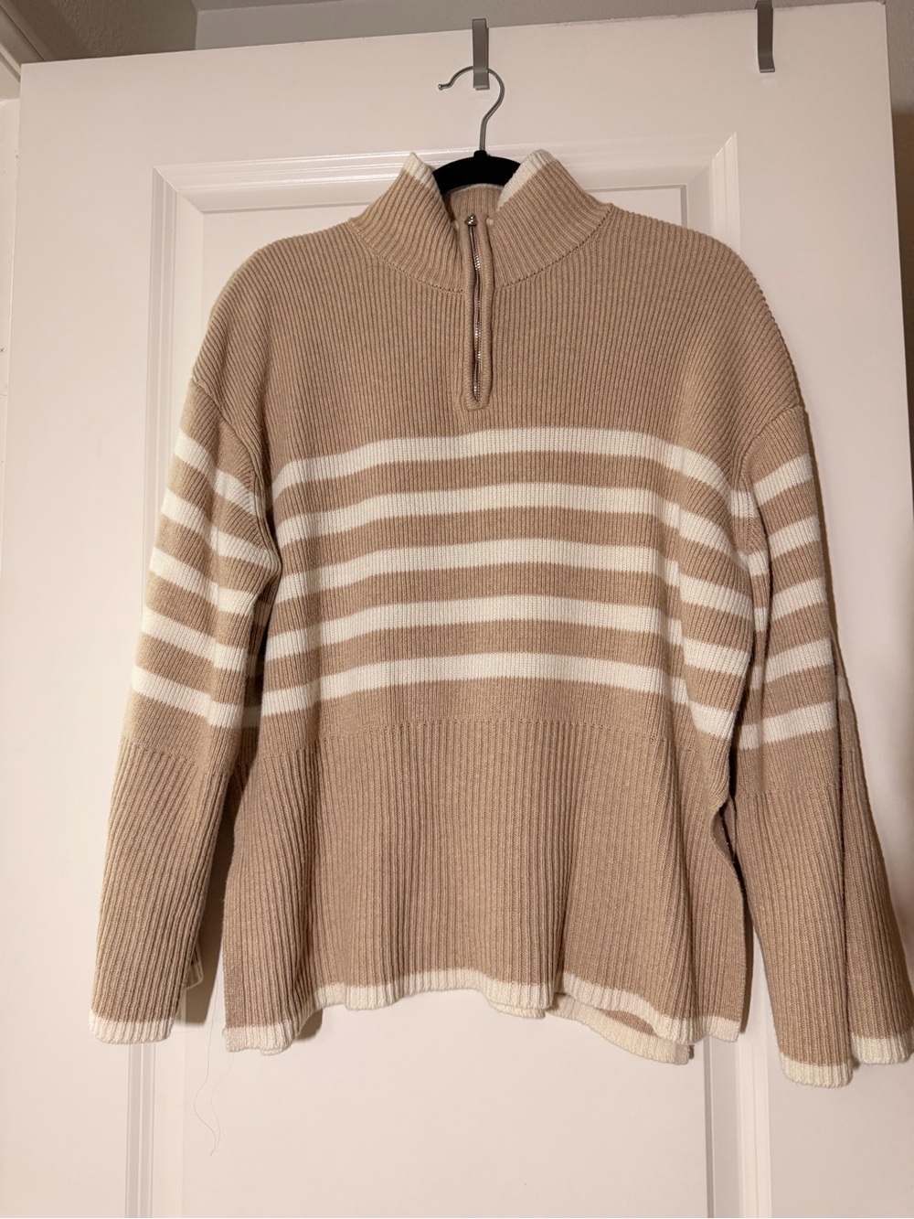 Rails Beige and White Striped Half-Zip Sweater